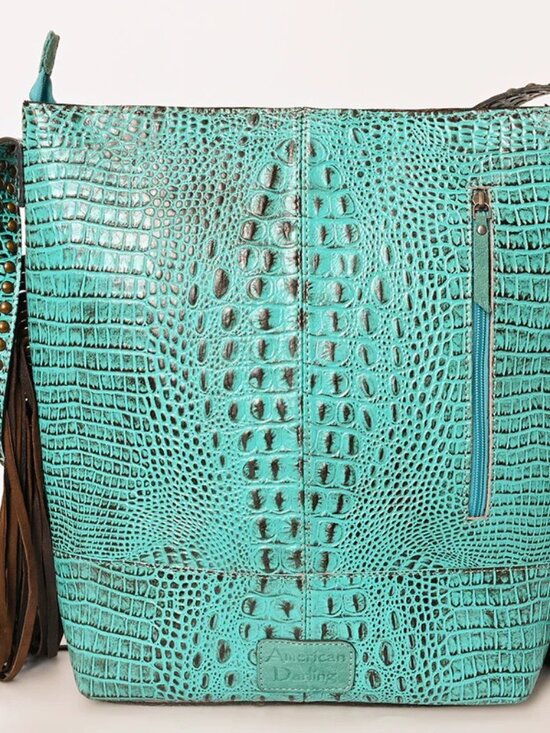 American Darling Crocodile Embossed Studded Leather Western Fringe Shoulder Bag